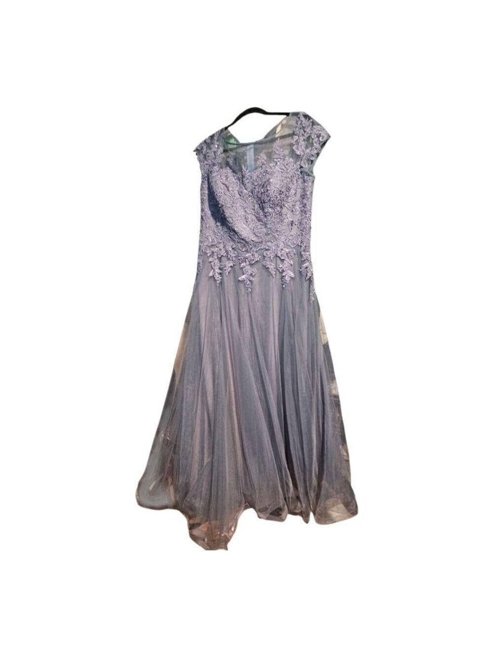 La Femme Grey Green Embellished Tulle Maxi Dress Size 14 - Picture 6 of 9